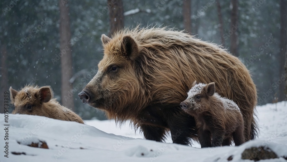 Wild boar with cubs in snowy winter forest Wild boar with cubs in snowy winter forest