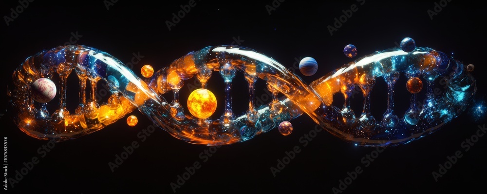 Fototapeta premium Cosmic DNA helix with planets and stars, digital art. Sci-fi concept