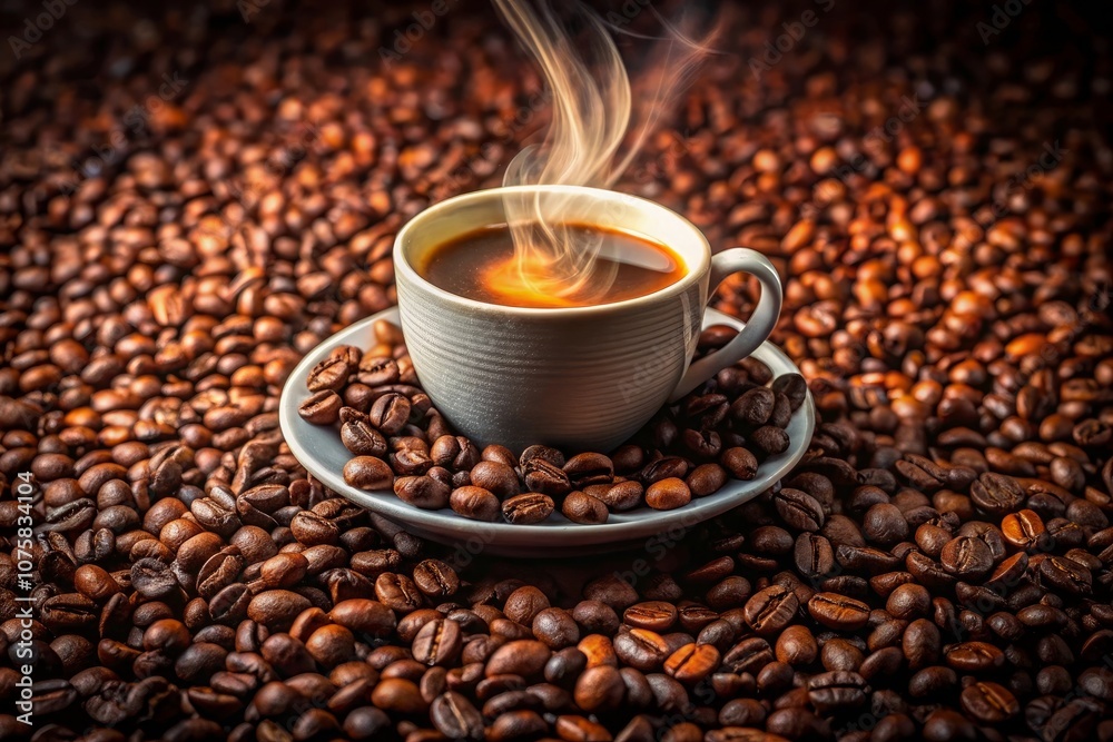 a cup of coffee with a saucer of coffee beans on top of it a cup of coffee with a saucer of coffee beans on top of it