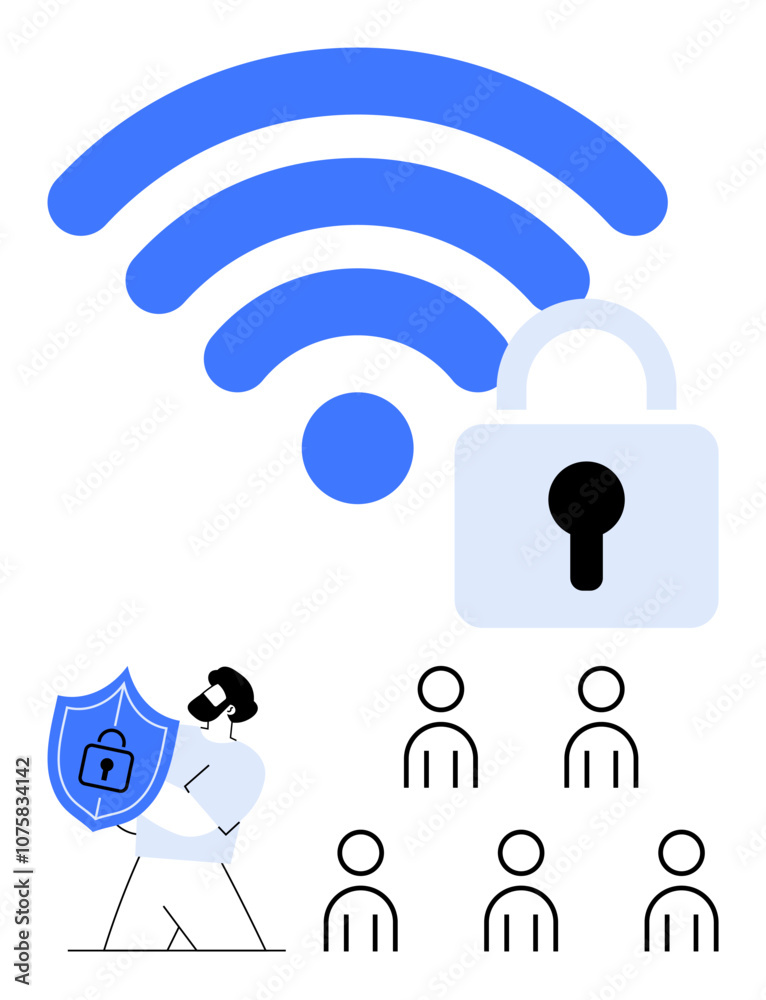 wireless symbol with lock, person holding shield, and group of people. Ideal for cybersecurity, data protection, online privacy, secure networks, internet safety, user security awareness, and digital wireless symbol with lock, person holding shield, and group of people. Ideal for cybersecurity, data protection, online privacy, secure networks, internet safety, user security awareness, and digital