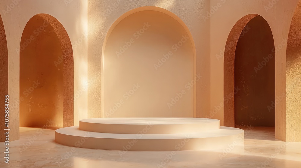 Minimalist Two-Tiered Platform in a Room with Arched Doorways Minimalist Two-Tiered Platform in a Room with Arched Doorways