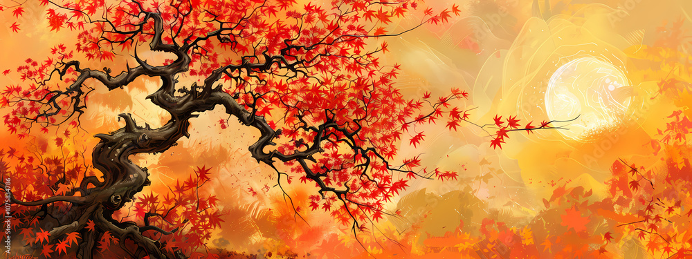 A stunning tree with vibrant red leaves silhouetted against a warm, golden sunset, creating a peaceful autumn atmosphere. A stunning tree with vibrant red leaves silhouetted against a warm, golden sunset, creating a peaceful autumn atmosphere.