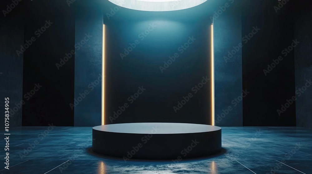 Minimalist Dark Blue Room with a Round Pedestal and Vertical Lights Minimalist Dark Blue Room with a Round Pedestal and Vertical Lights