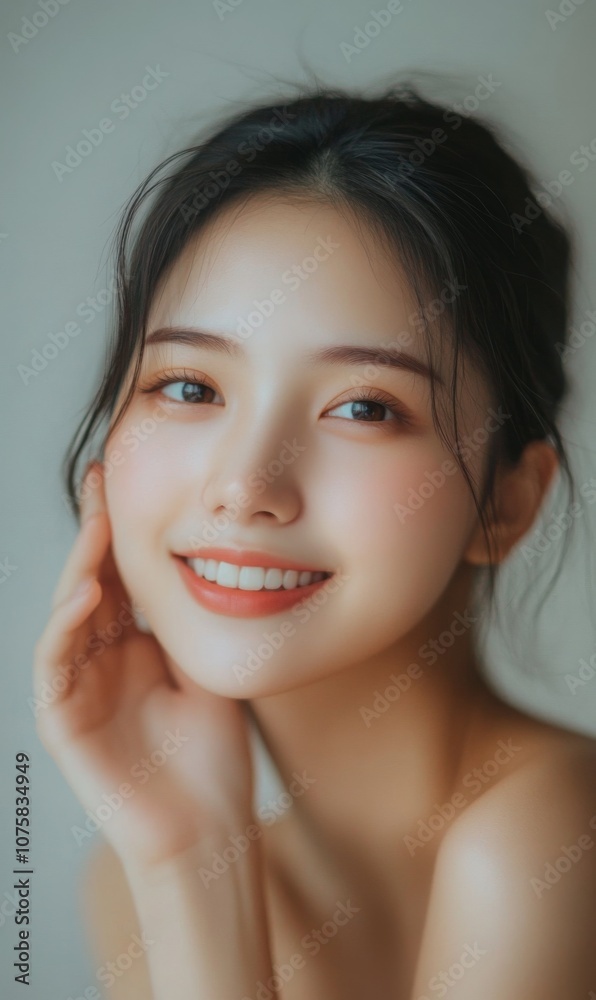 Elegant East Asian woman with radiant skin, soft smile, bare shoulders, hand near cheek, spacious composition, minimal background, gentle lighting. Elegant East Asian woman with radiant skin, soft smile, bare shoulders, hand near cheek, spacious composition, minimal background, gentle lighting.