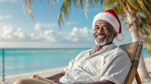 Festive beach holiday: relaxed man in santa hat enjoying tropical paradise