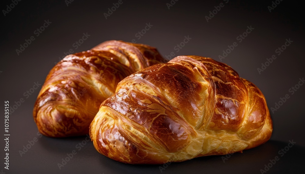 Two golden brown croissants on a dark background.