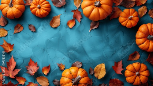 Halloween pumpkins and autumn leaves on blue background with copy space photo