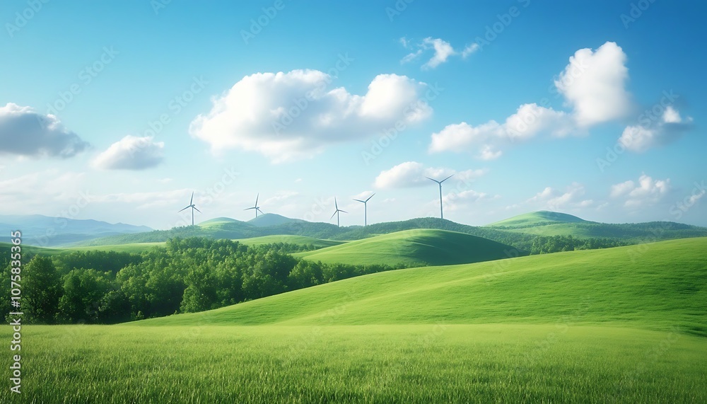 A serene landscape featuring rolling green hills, wind turbines, and a clear blue sky with fluffy clouds. A serene landscape featuring rolling green hills, wind turbines, and a clear blue sky with fluffy clouds.