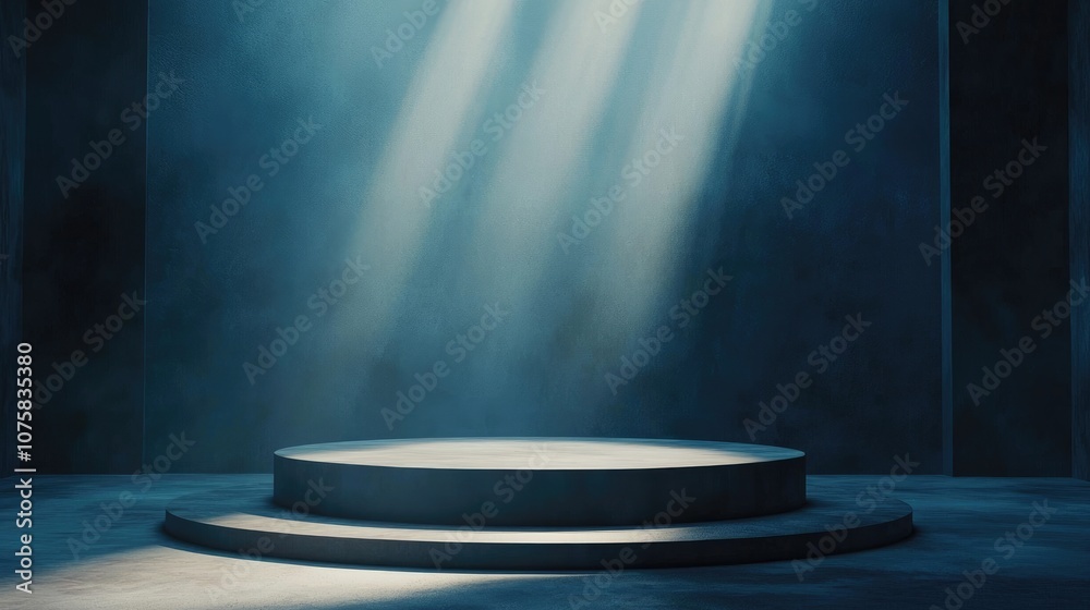 A Circular Platform Illuminated by Rays of Light in a Blue Room
