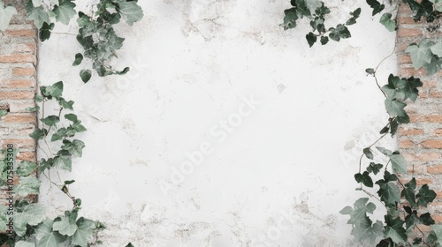 Brick wall with climbing ivy leaves on white plaster background