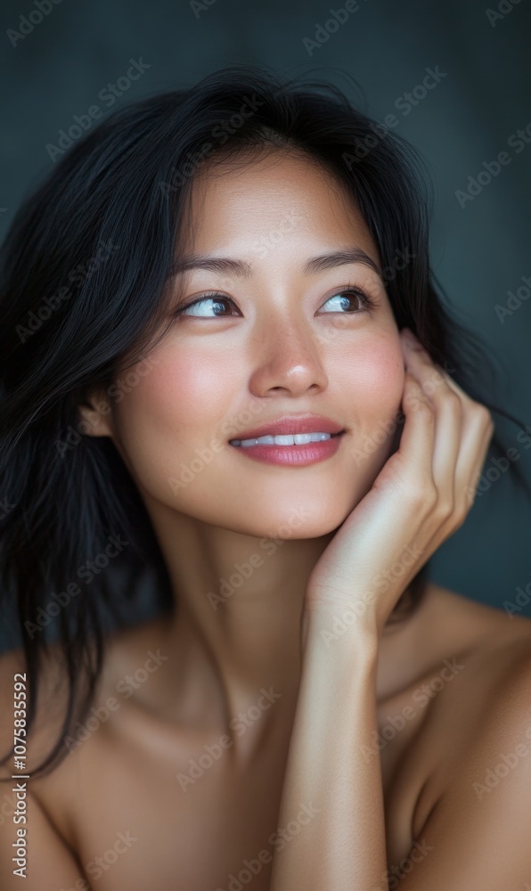 Portrait of an East Asian woman with glowing skin, gentle smile, bare shoulders, hand on face, minimal backdrop, soft lighting, empty space around. Portrait of an East Asian woman with glowing skin, gentle smile, bare shoulders, hand on face, minimal backdrop, soft lighting, empty space around.