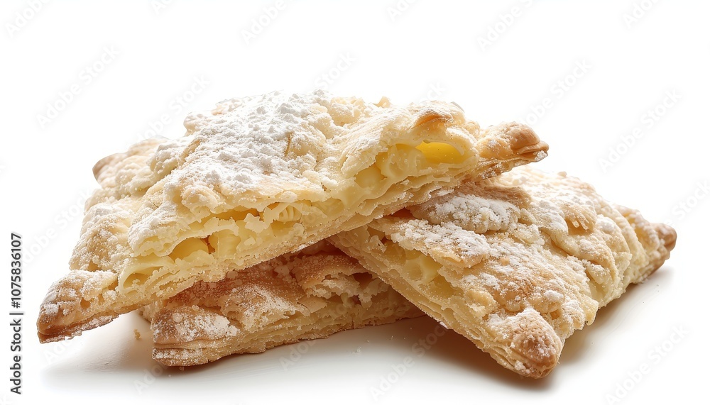 Three flaky, triangular pastries dusted with powdered sugar, isolated on a white background. Three flaky, triangular pastries dusted with powdered sugar, isolated on a white background.