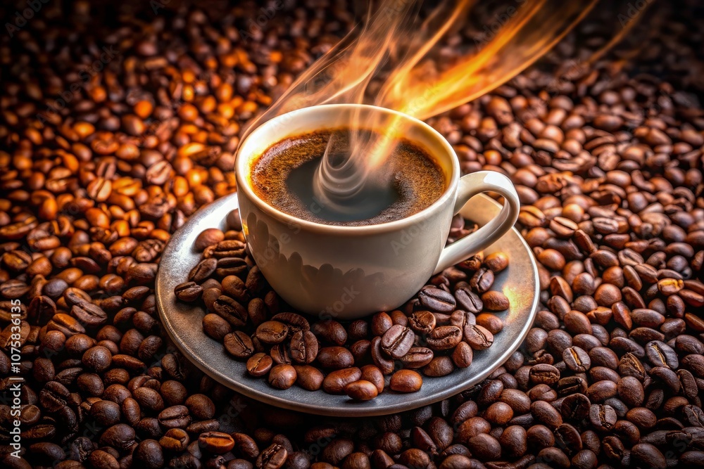 a cup of coffee with a fire burning in the background a cup of coffee with a fire burning in the background