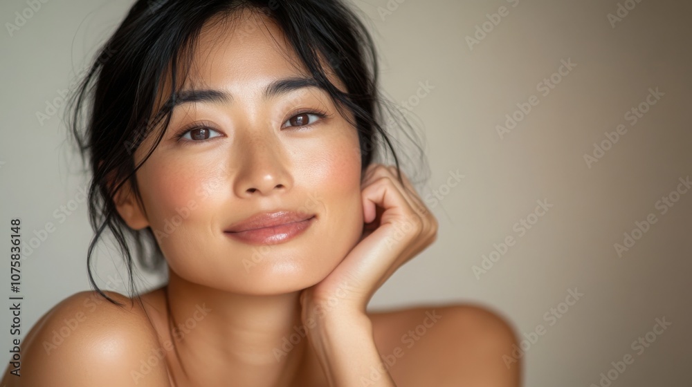 Smiling East Asian woman with smooth skin, close-up with bare shoulders, soft lighting, hand gently resting on face, minimal background. Smiling East Asian woman with smooth skin, close-up with bare shoulders, soft lighting, hand gently resting on face, minimal background.