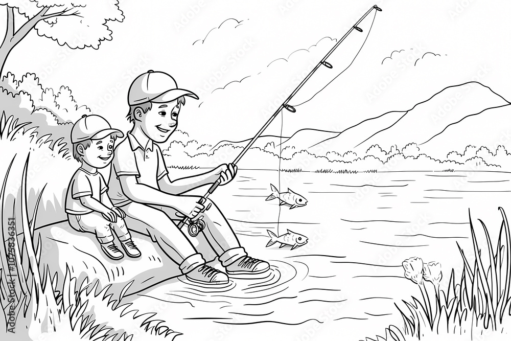 Fototapeta premium A cheerful Caucasian father and son enjoy a peaceful day fishing by the water, surrounded by nature's beauty.