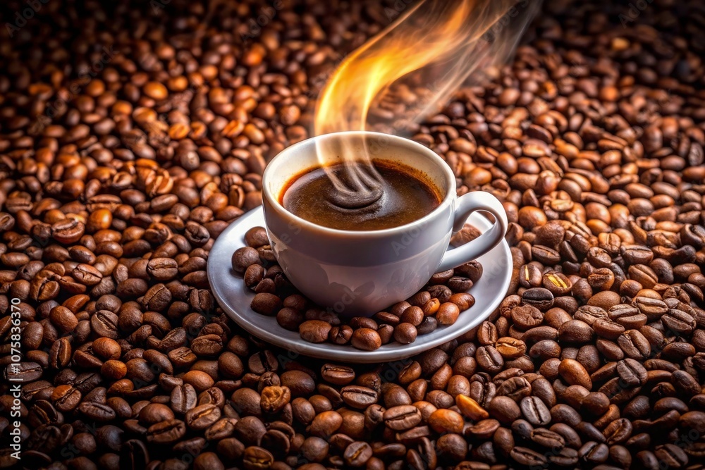 Fototapeta premium a cup of coffee with a fire burning in the background