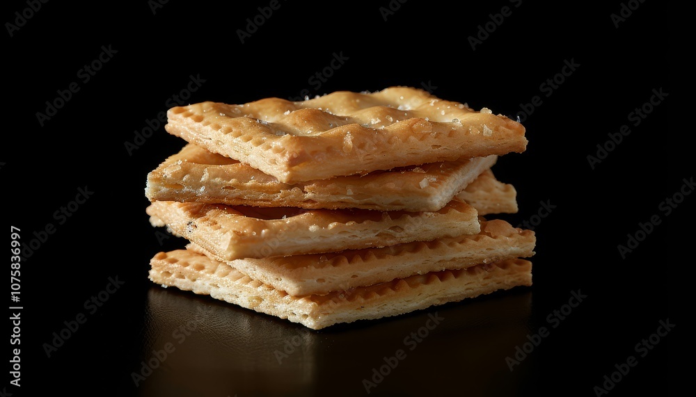 A stack of five square, crispy crackers with a lightly salted, flaky texture isolated on a black background. A stack of five square, crispy crackers with a lightly salted, flaky texture isolated on a black background.