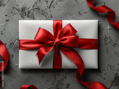 White Gift Card with Red Ribbon Bow on Grey Background - 3D Rendering for Design Work, Print, Social Media Advertising, Flat Lay, Top View photo