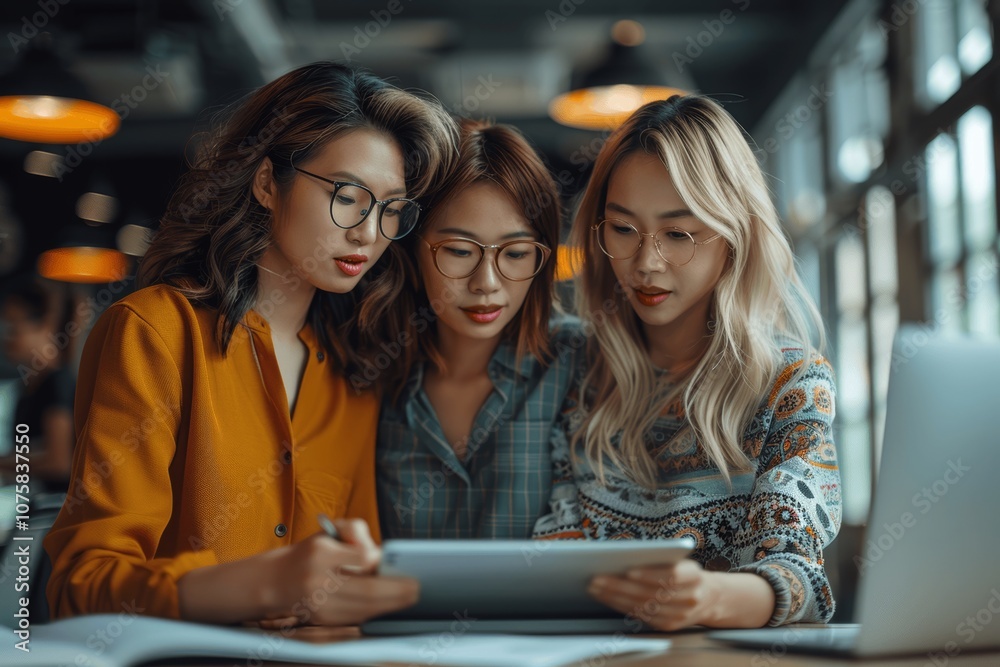 Two business women discussing project on tablet in office, casual attire, technology, brainstorming, teamwork, planning Two business women discussing project on tablet in office, casual attire, technology, brainstorming, teamwork, planning