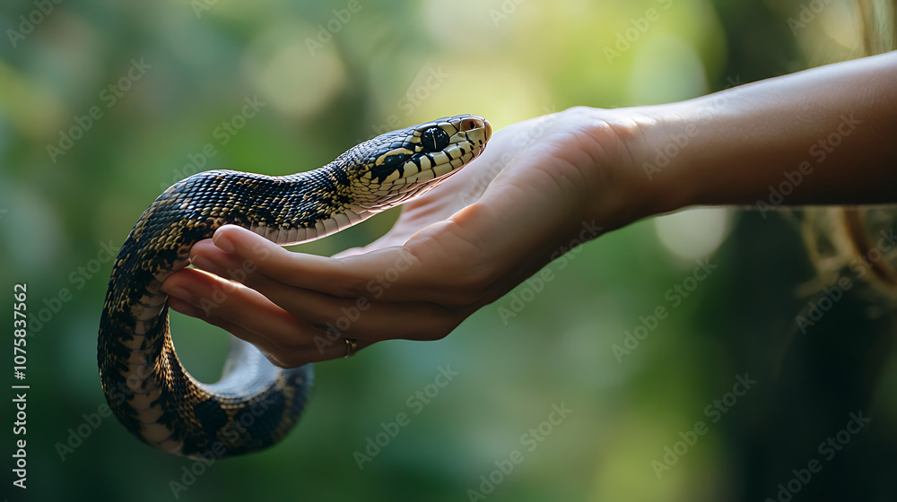 Fototapeta premium A poisonous snake is crawling on palm.