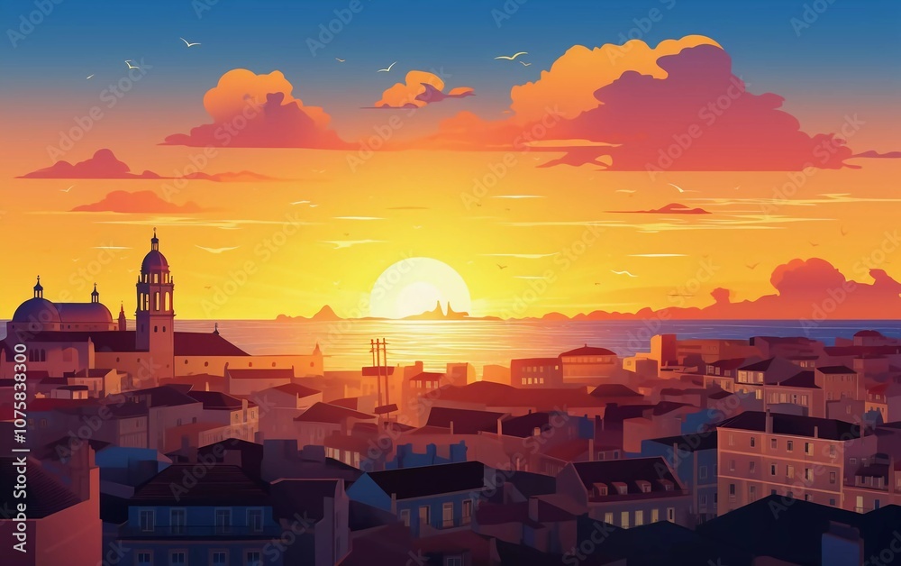Obraz premium A vibrant sunset over a city skyline, highlighting buildings and a serene ocean view.