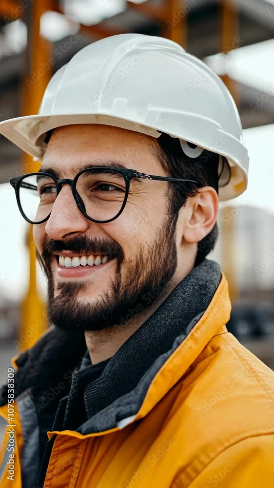 A construction worker smiles while wearing a hard hat and glasses on a construction site A construction worker smiles while wearing a hard hat and glasses on a construction site