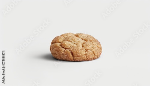 A single, golden brown, sugar cookie with a slightly cracked surface, shot against a white background.