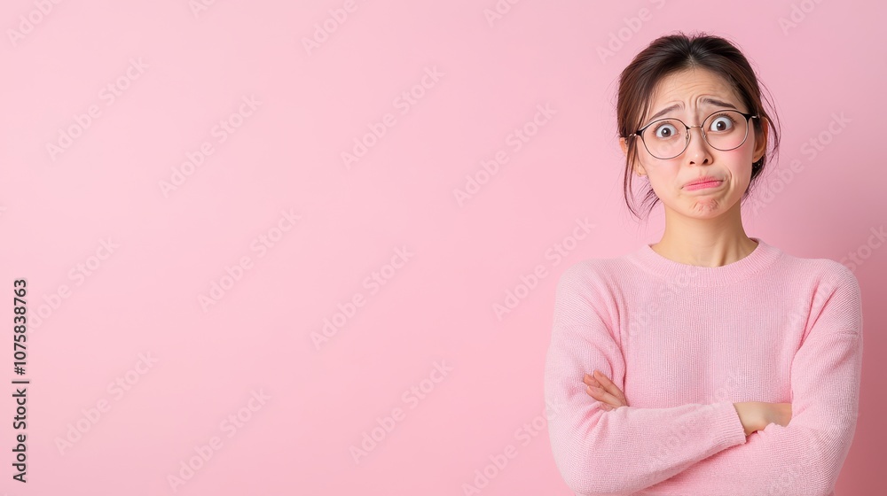 A frustrated Asian woman in casual attire expresses annoyance with a worried look while standing against a pink background, capturing a relatable moment of discontent. A frustrated Asian woman in casual attire expresses annoyance with a worried look while standing against a pink background, capturing a relatable moment of discontent.
