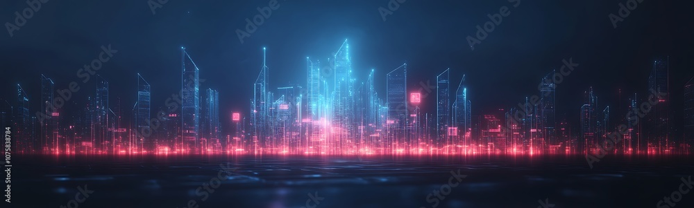 A futuristic cityscape illuminated with vibrant blue and red lights, showcasing a digital, high-tech atmosphere. A futuristic cityscape illuminated with vibrant blue and red lights, showcasing a digital, high-tech atmosphere.