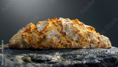 A freshly baked loaf of sourdough bread with a golden crust sits on a dark stone surface. photo