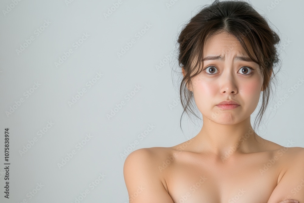 Young Asian Woman Expressing Anger with Eye Roll, Capturing the Emotion of Frustration and Disappointment in a Minimalist Background Setting Young Asian Woman Expressing Anger with Eye Roll, Capturing the Emotion of Frustration and Disappointment in a Minimalist Background Setting