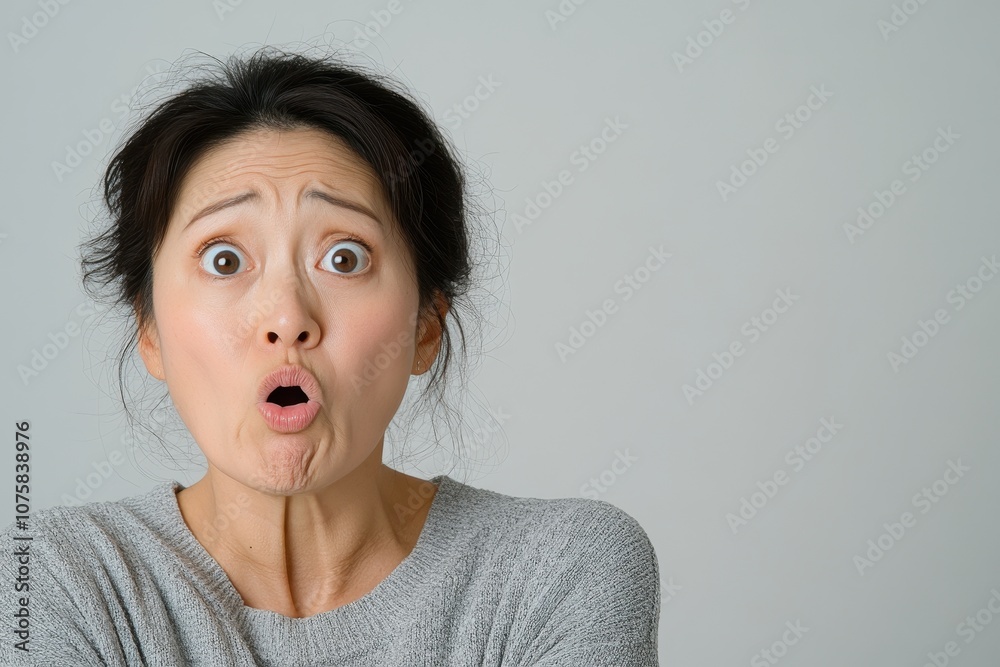 Asian Woman Expressing Frustration with Dramatic Eye Roll and Distressed Facial Expression, Capturing a Moment of Anger and Disappointment on a Plain Background Asian Woman Expressing Frustration with Dramatic Eye Roll and Distressed Facial Expression, Capturing a Moment of Anger and Disappointment on a Plain Background