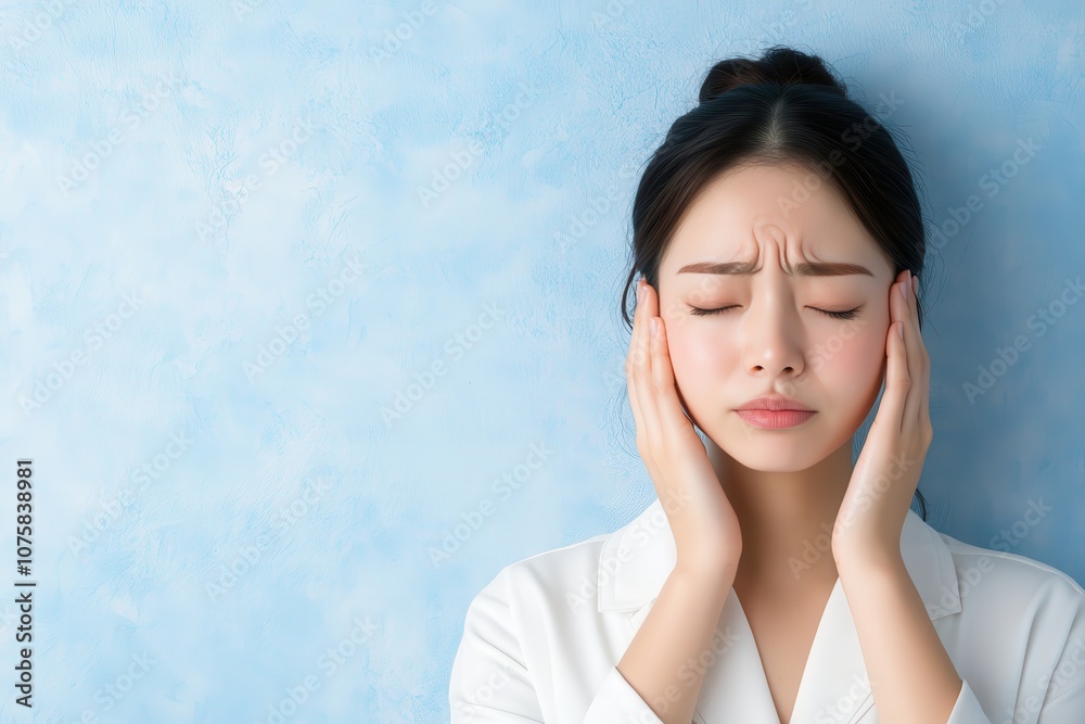 Frustrated Asian Woman Pressing Her Temples With a Pained Expression Against a Soft Blue Background, Capturing the Emotion of Stress and Overwhelm in Daily Life Frustrated Asian Woman Pressing Her Temples With a Pained Expression Against a Soft Blue Background, Capturing the Emotion of Stress and Overwhelm in Daily Life