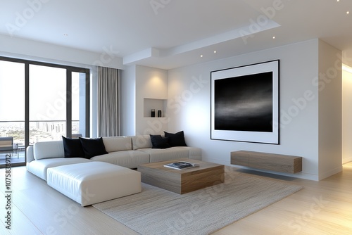 Modern Japanese Living Room with Wood Coffee Table, White Sofa, and Black Pillows Against Wall with Big Poster Frame