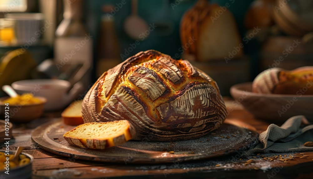 Freshly baked sourdough bread with a crispy crust and a soft, airy crumb. A slice of bread sits on a wooden cutting board, ready to be enjoyed. Freshly baked sourdough bread with a crispy crust and a soft, airy crumb. A slice of bread sits on a wooden cutting board, ready to be enjoyed.