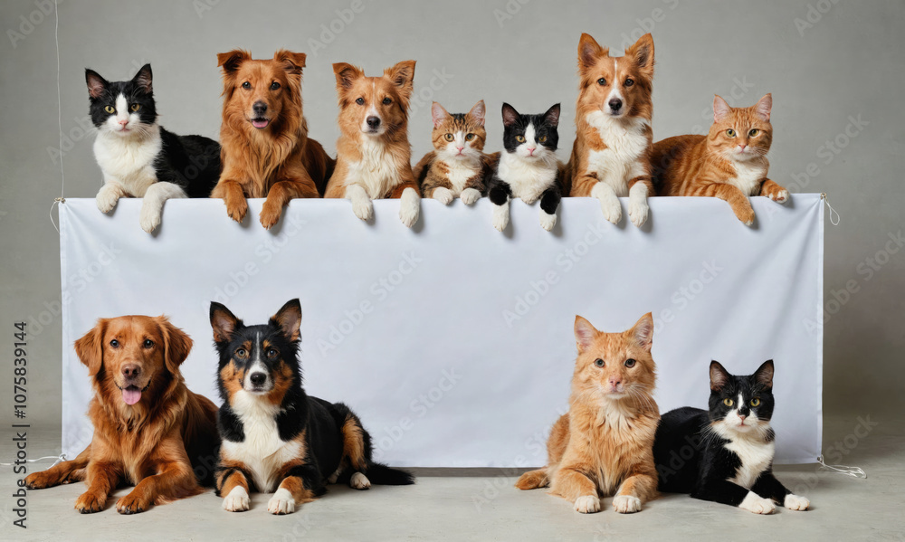 Fototapeta premium A group of dogs and cats pose for a photo in front of a white backdrop