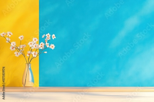 Flower-Filled Wooden Table in Modern Living Room Interior with Blue Yellow Wall Background