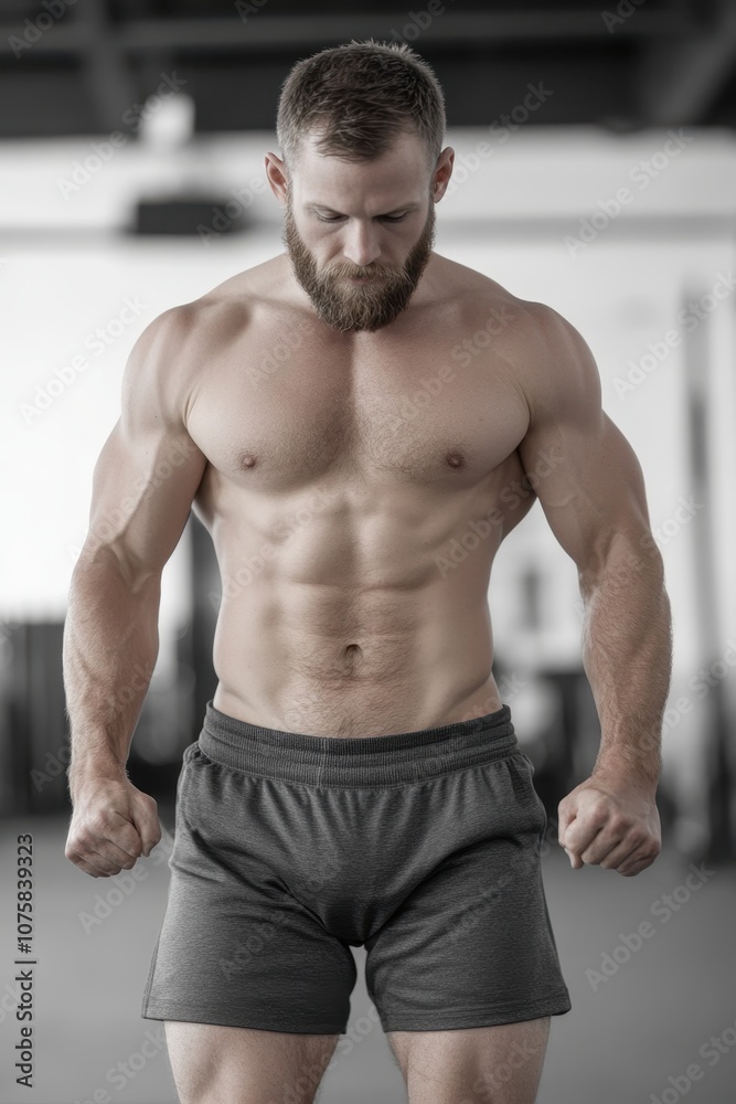 Obraz premium Muscular Boxer Focusing on Jump Rope Training in Gym, Showcasing Strength and Active Lifestyle with Intense Concentration on Fitness Techniques