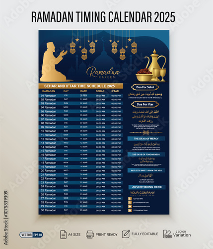 Ramadan Wall Timing Calendar 2025 Featuring Date, Days with Sehar and Iftar Timetable Schedule. Islamic Calendar Design Template With Sehri and Iftar Fasting Dua in Arabic Calligraphy.