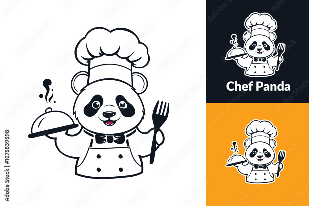 A cartoon panda wearing a chef's hat and apron, holding a serving dish and a fork, with steam coming off the dish. A cartoon panda wearing a chef's hat and apron, holding a serving dish and a fork, with steam coming off the dish.