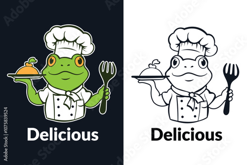 A cartoon illustration of a green frog wearing a chef's hat, holding a platter with food and a fork.