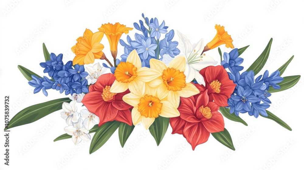 A bright bouquet of blooming spring flowers, including A bright bouquet of blooming spring flowers, including