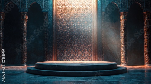 Ornate Circular Stone Platform in an Ancient Hallway photo