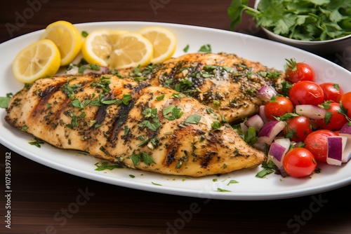 Grilled fish fillets garnished with herbs and lemon on a rustic wooden table. Generative AI