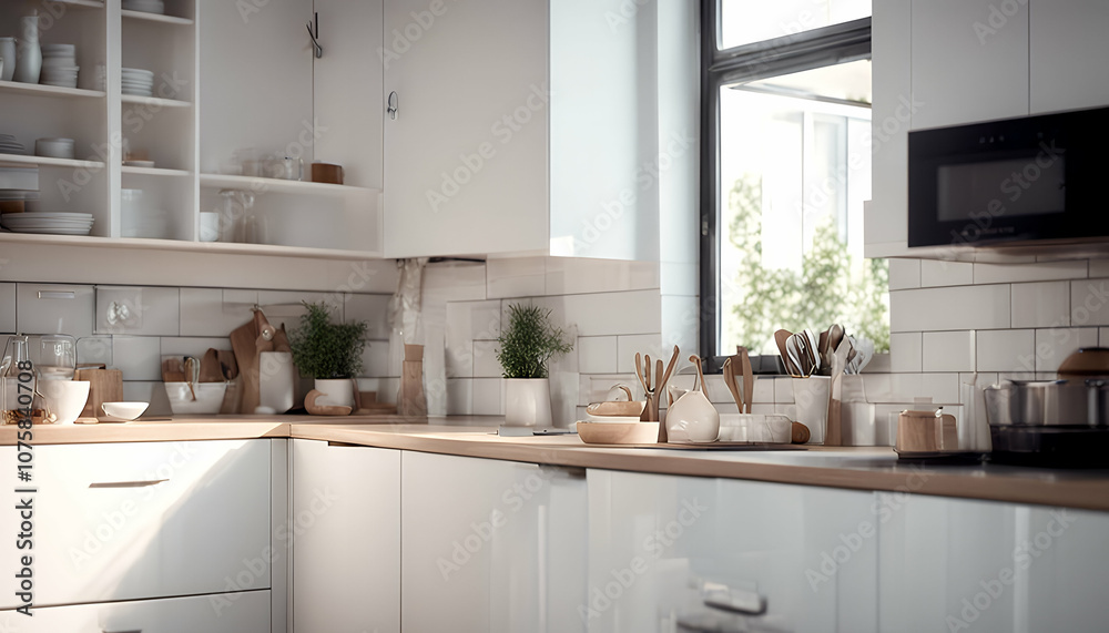 Fototapeta premium contemporary comfortable counter furnished locker kitchen apartment furniture detail style suite classic element domestic table object stylish modern cabinet home 