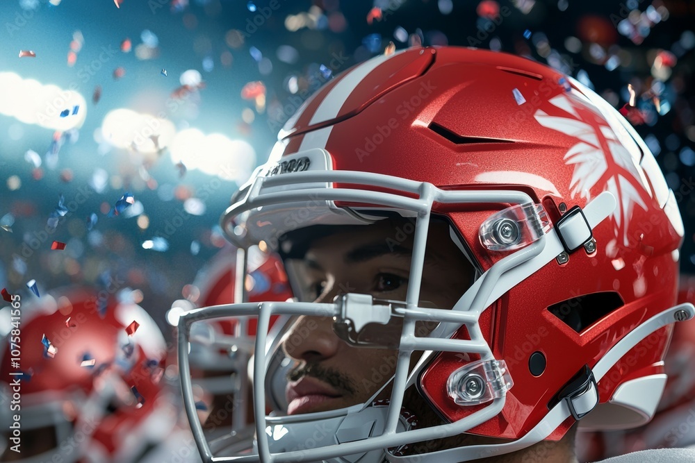 A football player wearing a red helmet stands in front of a crowd A football player wearing a red helmet stands in front of a crowd