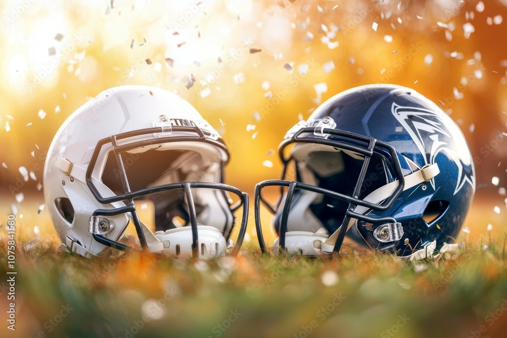 Two football helmets are on the ground, one is white and the other is blue Two football helmets are on the ground, one is white and the other is blue