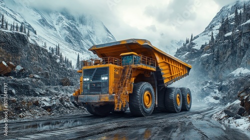 Large yellow dump truck navigating a snowy mountain road.