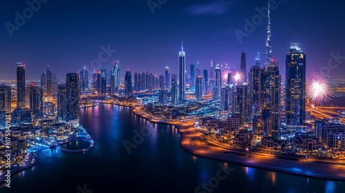 A vibrant night skyline of a modern city with illuminated buildings and a river.