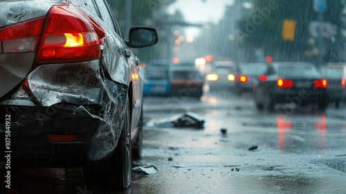 Car Damaged in Rainy City